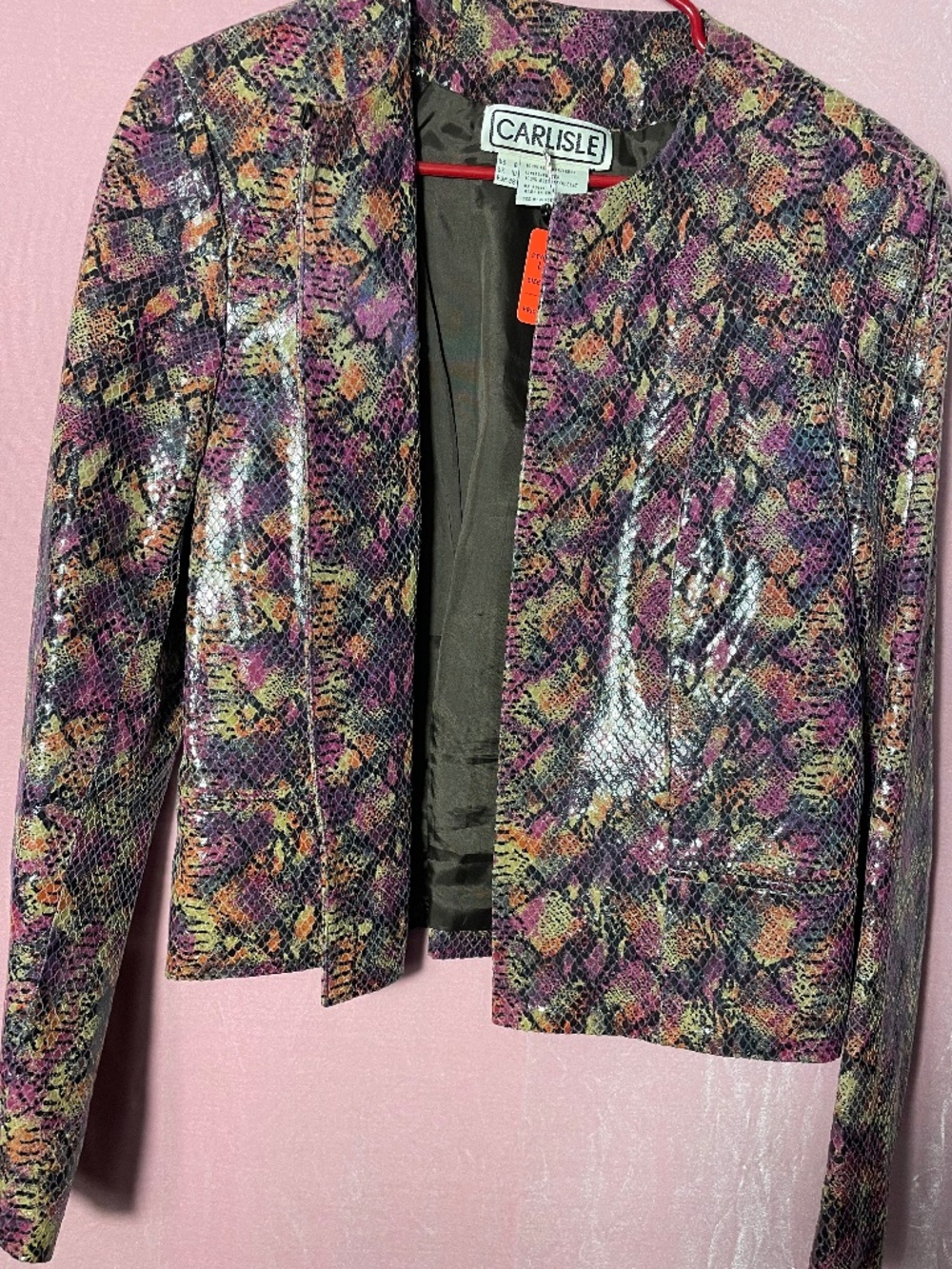 VINTAGE Leather jacket 90's-00's with shIny colorful snakeskin finish Sz. 8